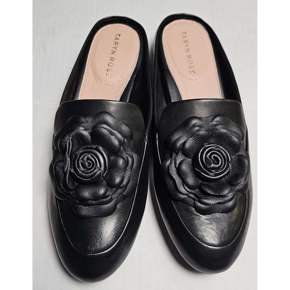 Taryn Rose Blythe Black Soft Calf Leather Flats Rose Applique Mules 5B TR0020